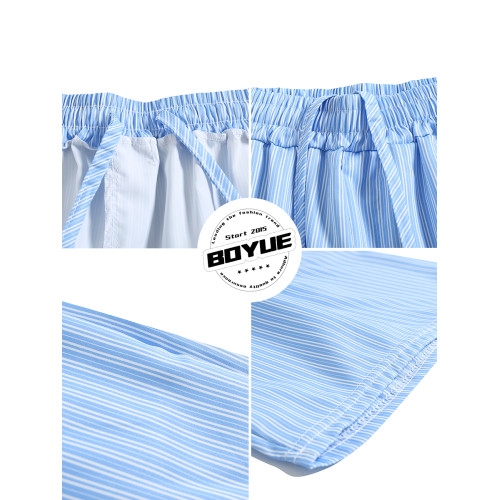 BOYUE帛躍夏季清涼休閒居家藍色條紋短褲日常百搭寬鬆舒適五分褲