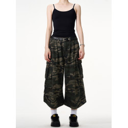 MADWITCH國潮原創美式復古迷彩工裝褲男女寬鬆直筒濶腿七分短褲潮