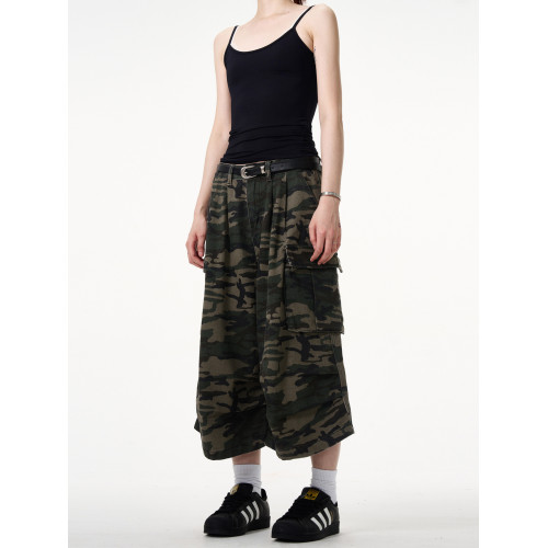 MADWITCH國潮原創美式復古迷彩工裝褲男女寬鬆直筒濶腿七分短褲潮