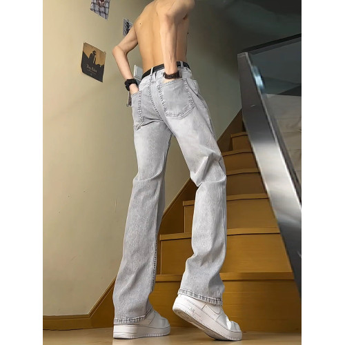 菸灰色牛仔褲男款春秋款2025新款春季美式高街褲子修身直筒微喇褲