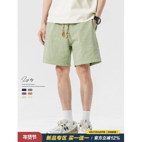 LAZY DAY原創男裝日系純色竹節棉蠟染短褲男夏季寬鬆休閒五分衛褲