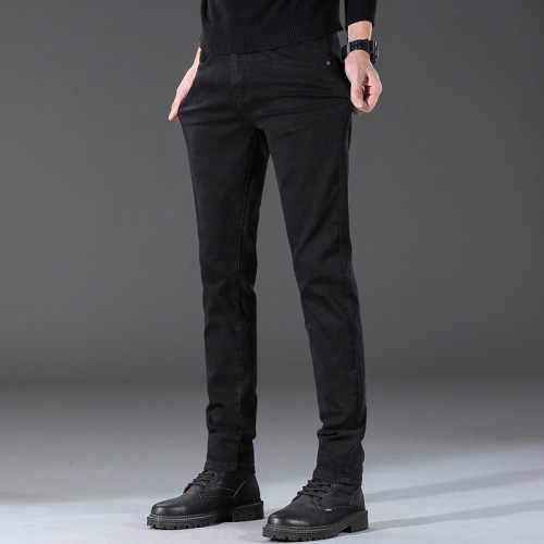 秋季高彈純黑牛仔褲加絨男士胖子加肥加大寬鬆休閒小腳顯瘦長褲子