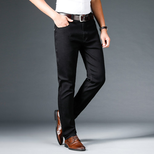 秋季高彈純黑牛仔褲加絨男士胖子加肥加大寬鬆休閒小腳顯瘦長褲子