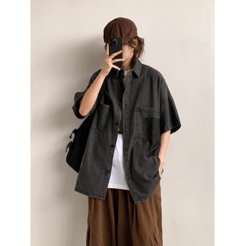 美式港風牛仔襯衫男短袖重磅潮牌水洗襯衣夏季寬鬆休閒五分袖外套