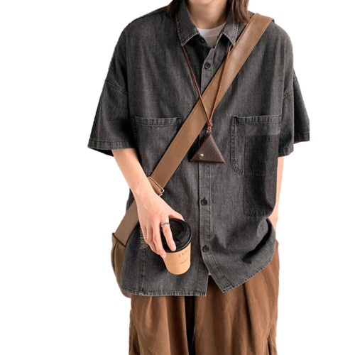 美式港風牛仔襯衫男短袖重磅潮牌水洗襯衣夏季寬鬆休閒五分袖外套