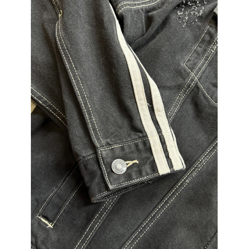 清貨特價！做舊磨爛三條杠拼色繙領工裝寬鬆牛仔衣夾克外套ZB237