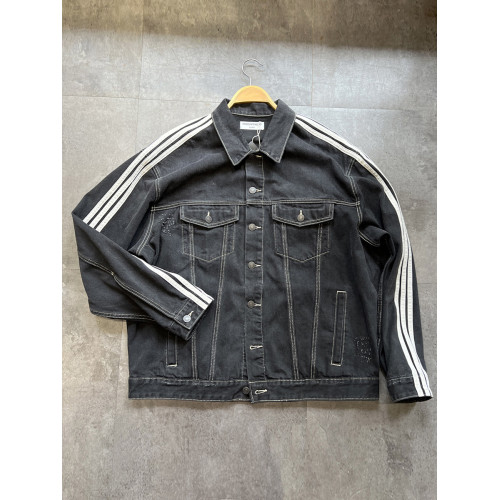 清貨特價！做舊磨爛三條杠拼色繙領工裝寬鬆牛仔衣夾克外套ZB237