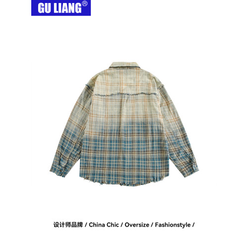 GU LIANG「設計師品牌」【潮流自定義】美式復古漸變休閒格子襯衫