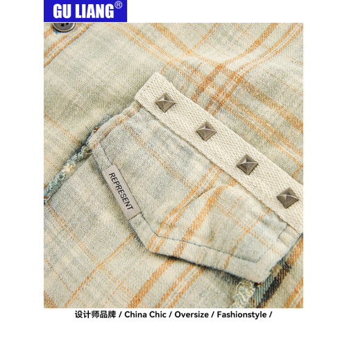 GU LIANG「設計師品牌」【潮流自定義】美式復古漸變休閒格子襯衫