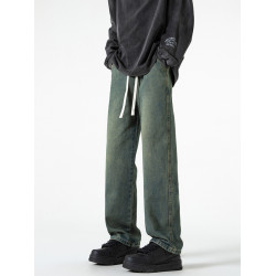 復古黑色水洗牛仔褲男秋季潮牌寬鬆高街抽繩休閒褲濶腿直筒長褲子