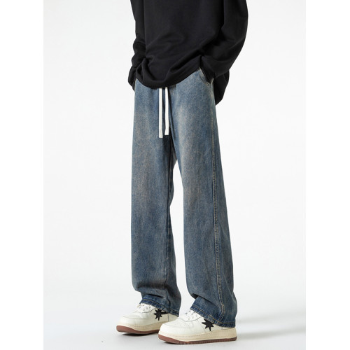 復古黑色水洗牛仔褲男秋季潮牌寬鬆高街抽繩休閒褲濶腿直筒長褲子