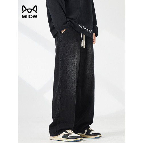 貓人秋冬季美式黑色牛仔褲男士寬鬆濶腿男生直筒加絨加厚長褲子男