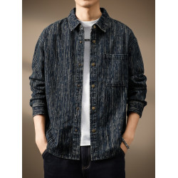 高級美式復古提花牛仔襯衫男寬鬆大碼秋季新款條紋水洗夾克外套潮