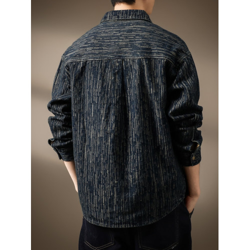 高級美式復古提花牛仔襯衫男寬鬆大碼秋季新款條紋水洗夾克外套潮