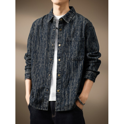 高級美式復古提花牛仔襯衫男寬鬆大碼秋季新款條紋水洗夾克外套潮