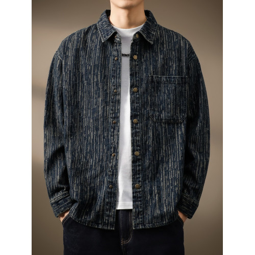 高級美式復古提花牛仔襯衫男寬鬆大碼秋季新款條紋水洗夾克外套潮