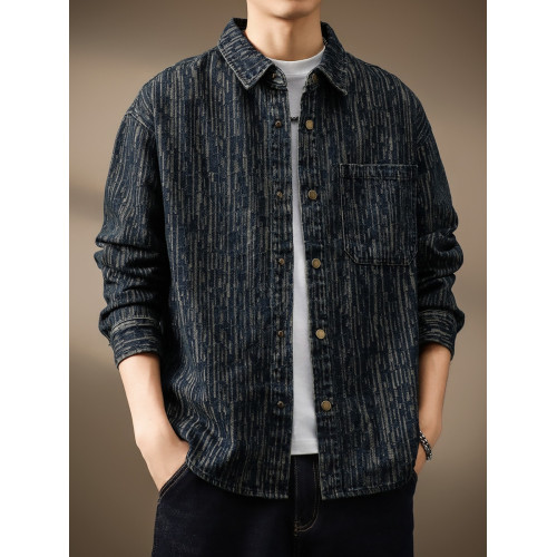 高級美式復古提花牛仔襯衫男寬鬆大碼秋季新款條紋水洗夾克外套潮