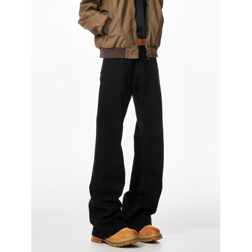 巴黎bootcut黑色彎刀牛仔褲男潮牌秋季寬鬆cleanfit微喇直筒褲子