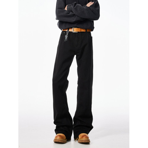 巴黎bootcut黑色彎刀牛仔褲男潮牌秋季寬鬆cleanfit微喇直筒褲子