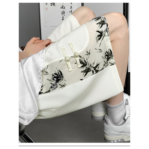 新中式國風水墨盤釦冰絲短褲男夏季2026新款寬鬆垂感五分褲子休閒