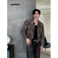 LIN MYKIN 春秋復古做舊水洗牛仔外套男高級小衆拉鍊設計立領夾克