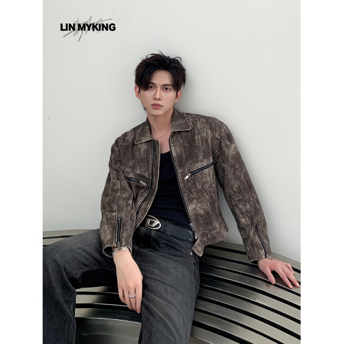 LIN MYKIN 春秋復古做舊水洗牛仔外套男高級小衆拉鍊設計立領夾克