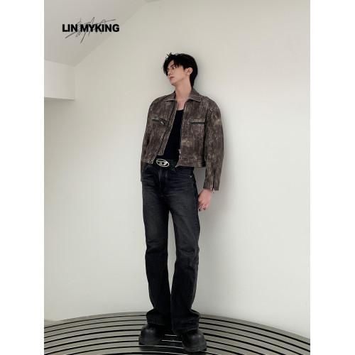 LIN MYKIN 春秋復古做舊水洗牛仔外套男高級小衆拉鍊設計立領夾克