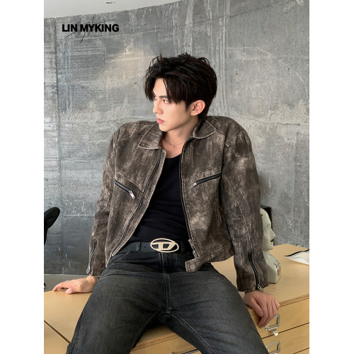 LIN MYKIN 春秋復古做舊水洗牛仔外套男高級小衆拉鍊設計立領夾克