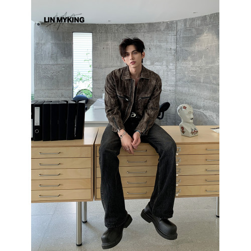 LIN MYKIN 春秋復古做舊水洗牛仔外套男高級小衆拉鍊設計立領夾克