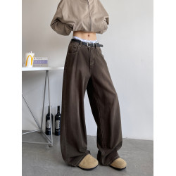 美式復古棕色牛仔褲男潮牌做舊cleanfit寬鬆直筒拖地濶腿休閒長褲