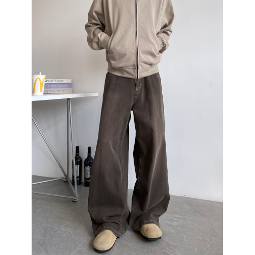 美式復古棕色牛仔褲男潮牌做舊cleanfit寬鬆直筒拖地濶腿休閒長褲