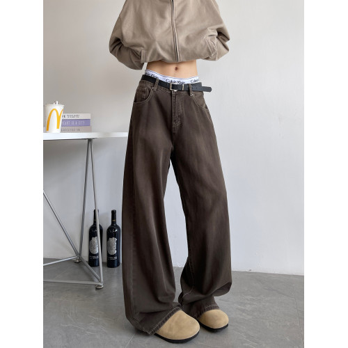 美式復古棕色牛仔褲男潮牌做舊cleanfit寬鬆直筒拖地濶腿休閒長褲