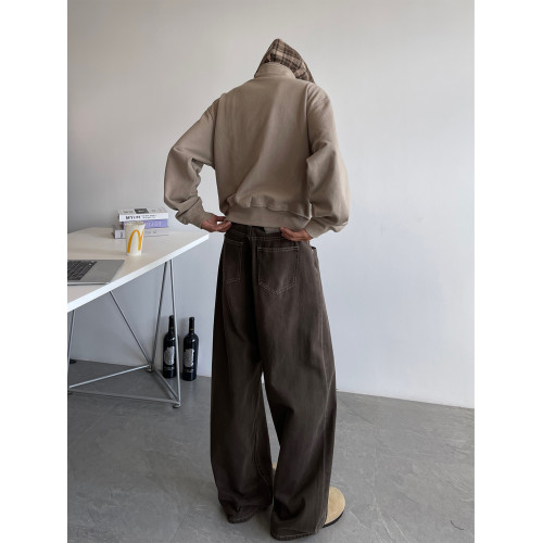 美式復古棕色牛仔褲男潮牌做舊cleanfit寬鬆直筒拖地濶腿休閒長褲