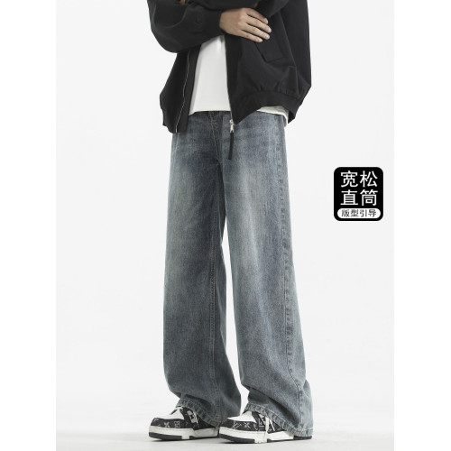 獵璞牛仔褲男士直筒復古褲子美式濶腿褲男生冬季新款休閒彎刀長褲