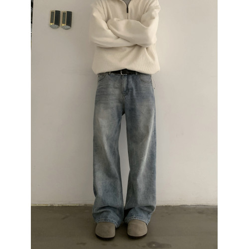 INKNOTS美式復古裂紋水洗做舊藍色Baggy牛仔褲男女潮牌高街休閒褲