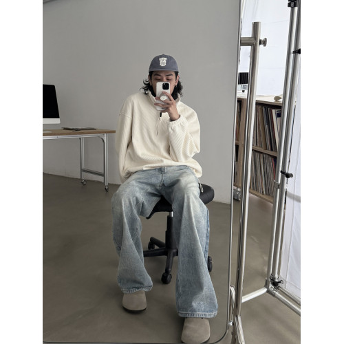 INKNOTS美式復古裂紋水洗做舊藍色Baggy牛仔褲男女潮牌高街休閒褲