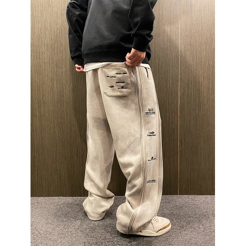 MXD UGLY美式潮牌復古做舊水洗髒髒灰直筒褲男秋冬季加絨抽繩衛褲