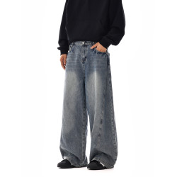 美式復古水洗寬鬆直筒牛仔褲男高街潮牌cleanfit彎刀濶腿休閒長褲