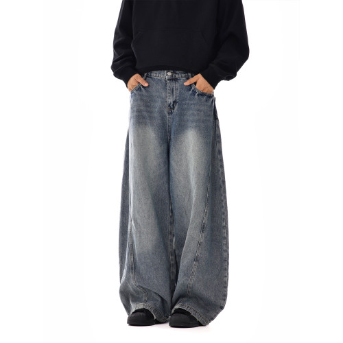 美式復古水洗寬鬆直筒牛仔褲男高街潮牌cleanfit彎刀濶腿休閒長褲