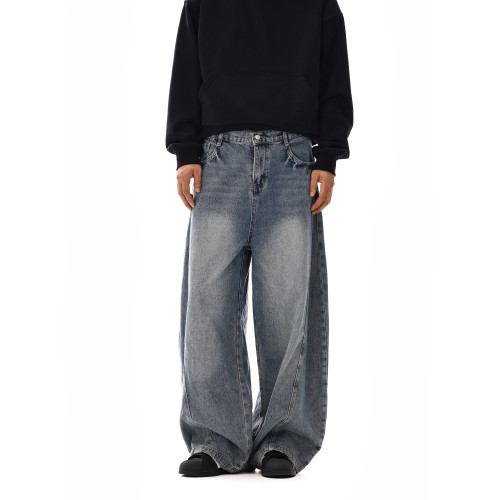 美式復古水洗寬鬆直筒牛仔褲男高街潮牌cleanfit彎刀濶腿休閒長褲