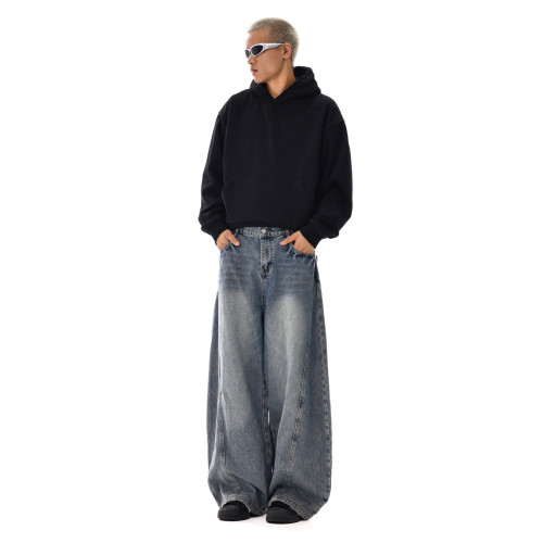 美式復古水洗寬鬆直筒牛仔褲男高街潮牌cleanfit彎刀濶腿休閒長褲