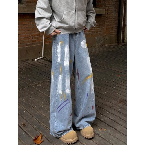 春秋油漆塗鴉牛仔褲男直筒潑墨休閒潮牌痞帥復古寬鬆美式高街褲子