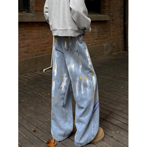 春秋油漆塗鴉牛仔褲男直筒潑墨休閒潮牌痞帥復古寬鬆美式高街褲子