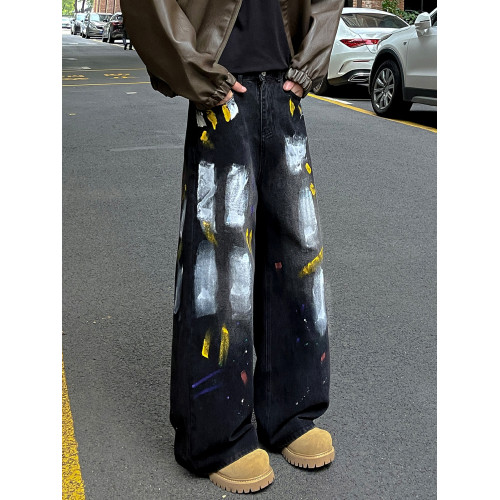 春秋油漆塗鴉牛仔褲男直筒潑墨休閒潮牌痞帥復古寬鬆美式高街褲子