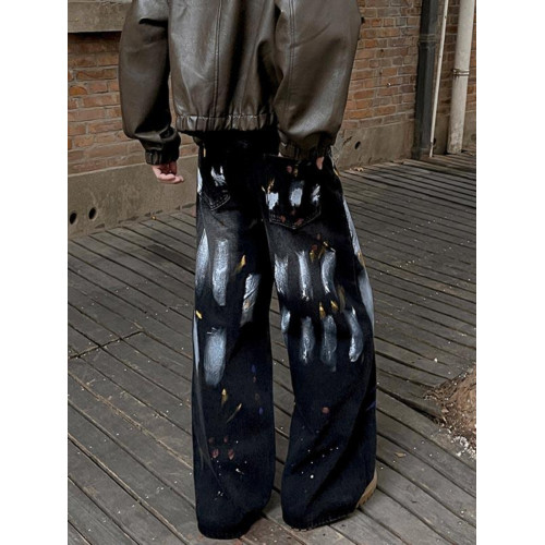 春秋油漆塗鴉牛仔褲男直筒潑墨休閒潮牌痞帥復古寬鬆美式高街褲子