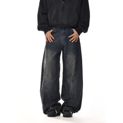 美式復古水洗彎刀牛仔褲男女痞帥炸街設計感寬鬆休閒直筒濶腿褲子