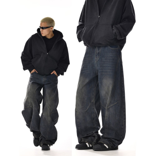 美式復古水洗彎刀牛仔褲男女痞帥炸街設計感寬鬆休閒直筒濶腿褲子