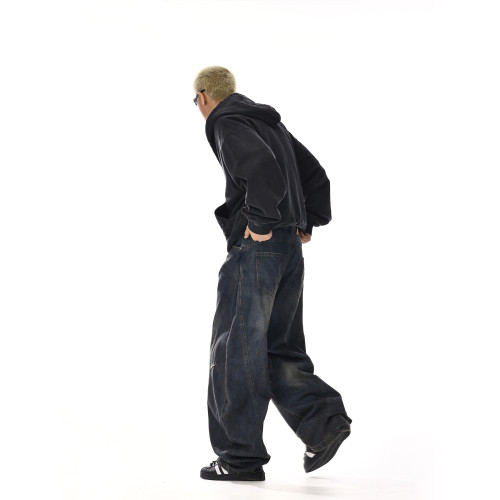 美式復古水洗彎刀牛仔褲男女痞帥炸街設計感寬鬆休閒直筒濶腿褲子