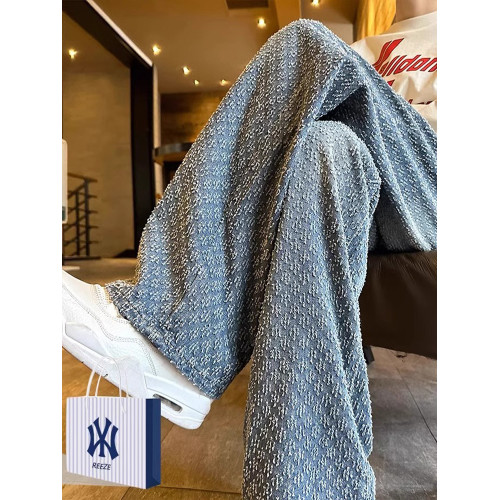 奧萊牛仔褲男生褲子秋冬季新款加絨痞帥美式濶腿直筒寬鬆休閒長褲