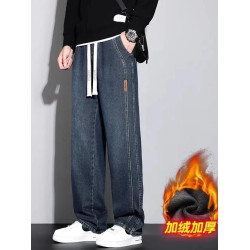 美式復古濶腿男士牛仔褲直筒加絨加厚寬鬆秋冬季新款2024休閒長褲